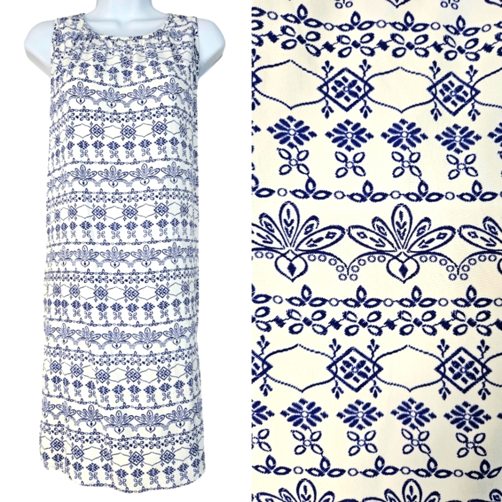 NWOT LOFT blue & white print sheath dress Womens Medium
